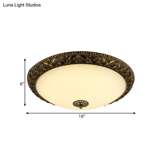 Frosted Glass Ceiling Fixture - Rustic Led Bedroom Flush Mount Lighting In Brass (Bowl Design