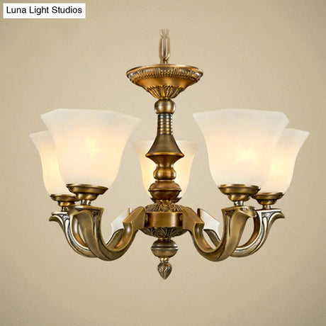 Frosted Glass Chandelier: Paneled Bell Pendant Light In Traditional Gold Design For Dining Rooms