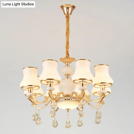 Frosted Glass Curve Chandelier With Crystal Accent In Gold - Minimal Ceiling Lighting