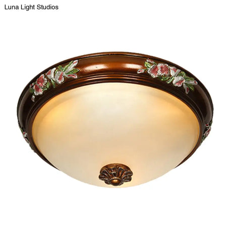 Frosted Glass Dome Shape Ceiling Flush Vintage Light Fixture With Blossom Design - Brown