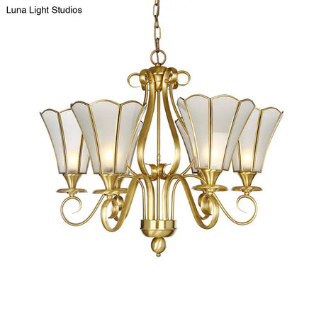 Frosted Glass Floral Pendant Chandelier - White Colonialist Design Brass Finish 6 Lights Ideal For