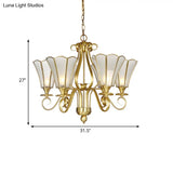 Frosted Glass Floral Pendant Chandelier - White Colonialist Design Brass Finish 6 Lights Ideal For
