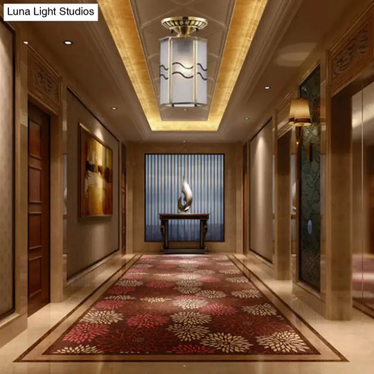 Frosted Glass Flush Lamp - Curved/Cylinder/Flower Design 1-Light Corridor Mount Light In Brass / B