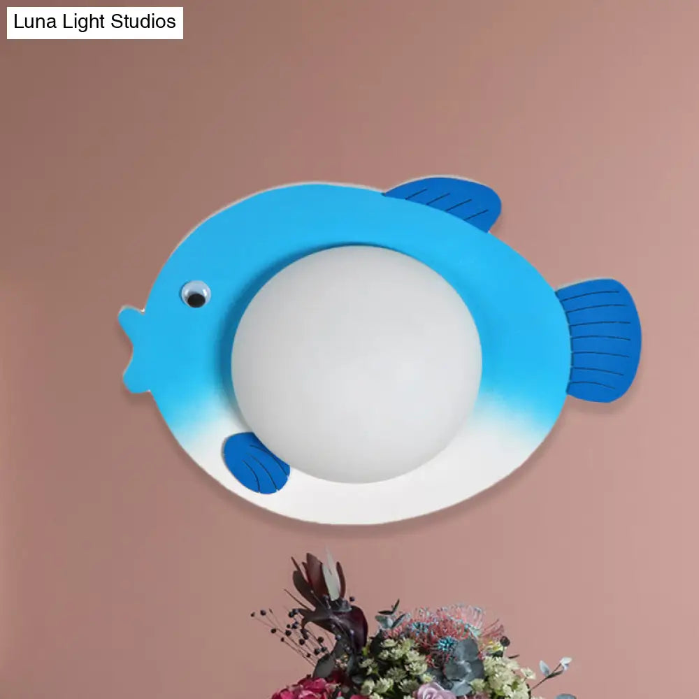 Frosted Glass Mini Sphere Sconce Kids Wall Light With Fish Backplate - Blue/Yellow Led Warm/White