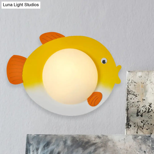 Frosted Glass Mini Sphere Sconce Kids Wall Light With Fish Backplate - Blue/Yellow Led Warm/White