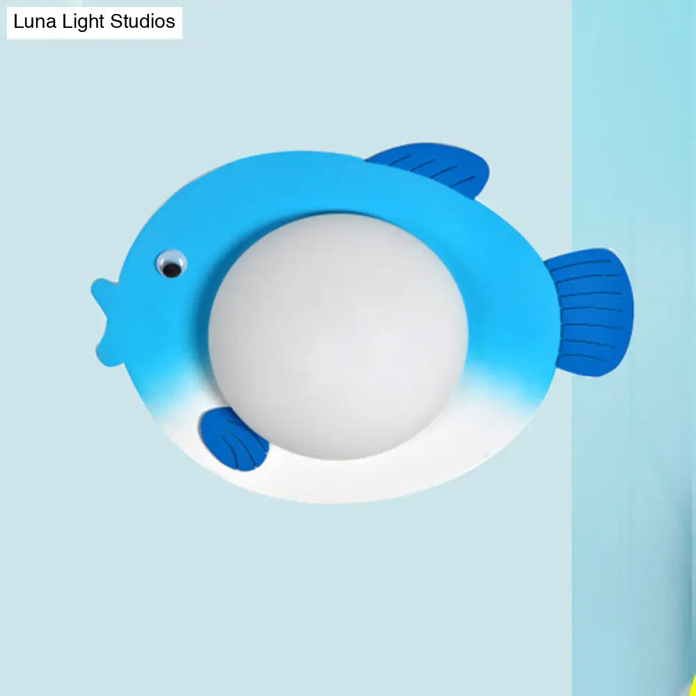 Frosted Glass Mini Sphere Sconce Kids Wall Light With Fish Backplate - Blue/Yellow Led Warm/White