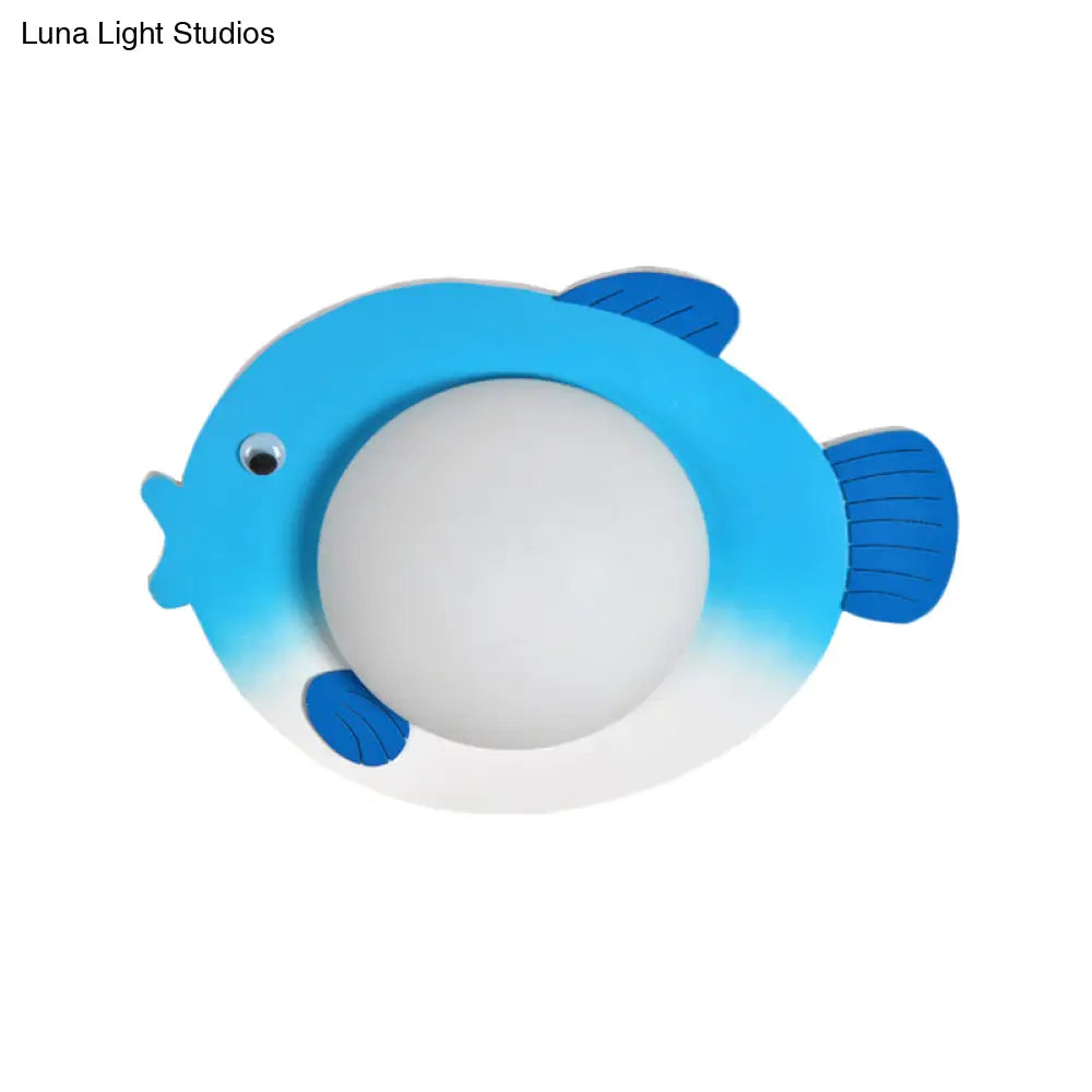 Frosted Glass Mini Sphere Sconce Kids Wall Light With Fish Backplate - Blue/Yellow Led Warm/White