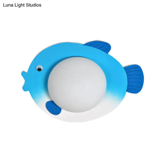 Frosted Glass Mini Sphere Sconce Kids Wall Light With Fish Backplate - Blue/Yellow Led Warm/White