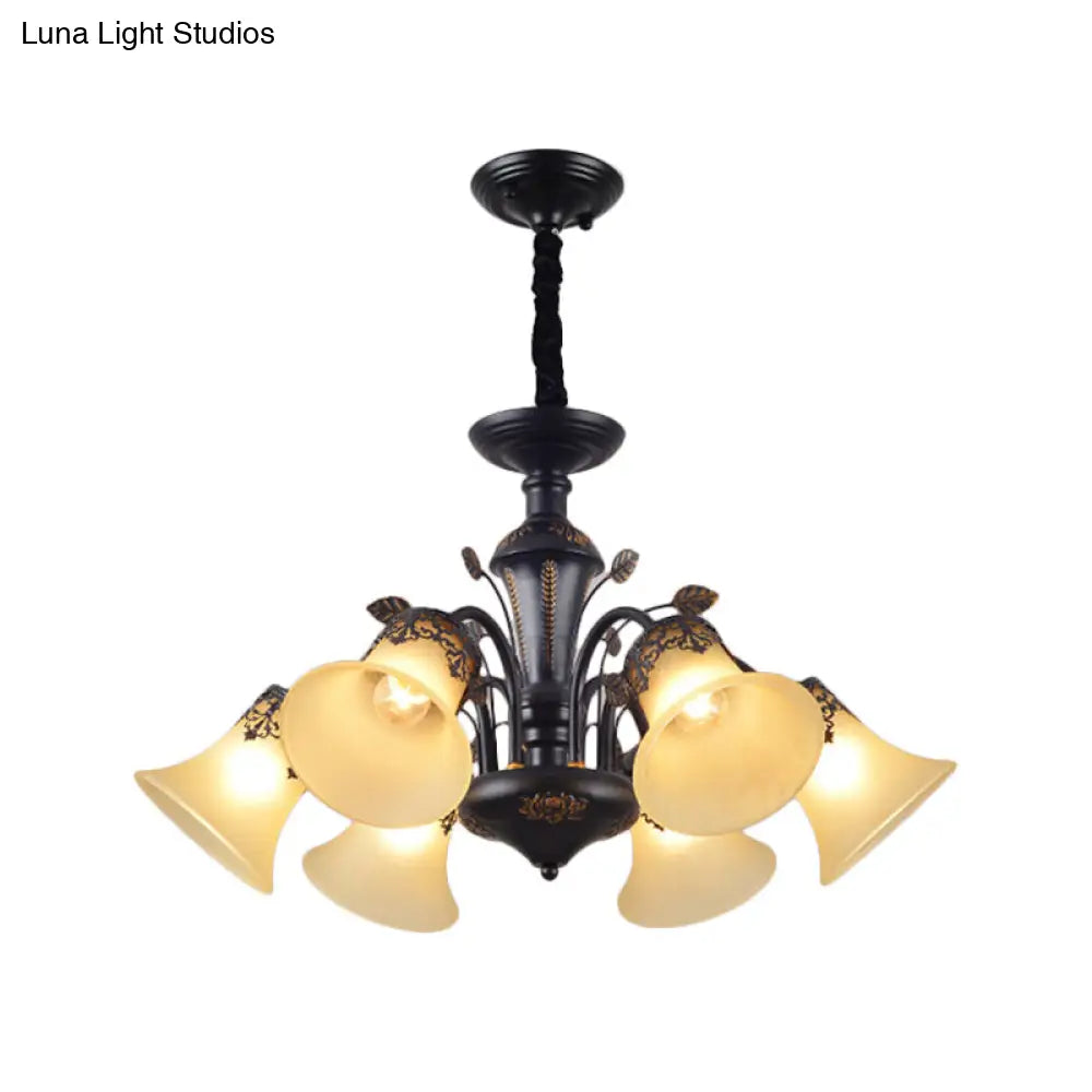 Farmhouse Frosted Glass Chandelier: Morning Glory Ceiling Pendant 3/6/8 Lights Black/White