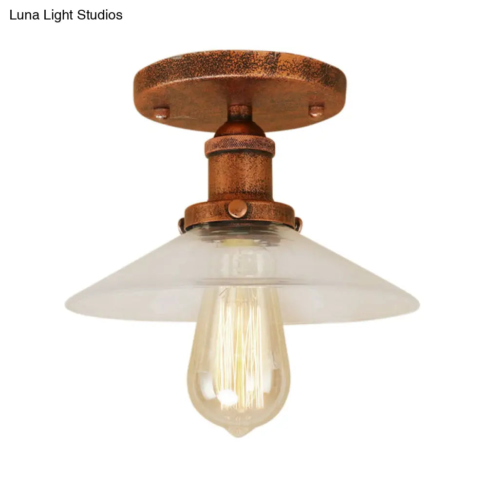 Frosted Glass Saucer Semi Flush Vintage Kitchen Lighting Fixture - 1 Bulb In Black/Brass/Copper