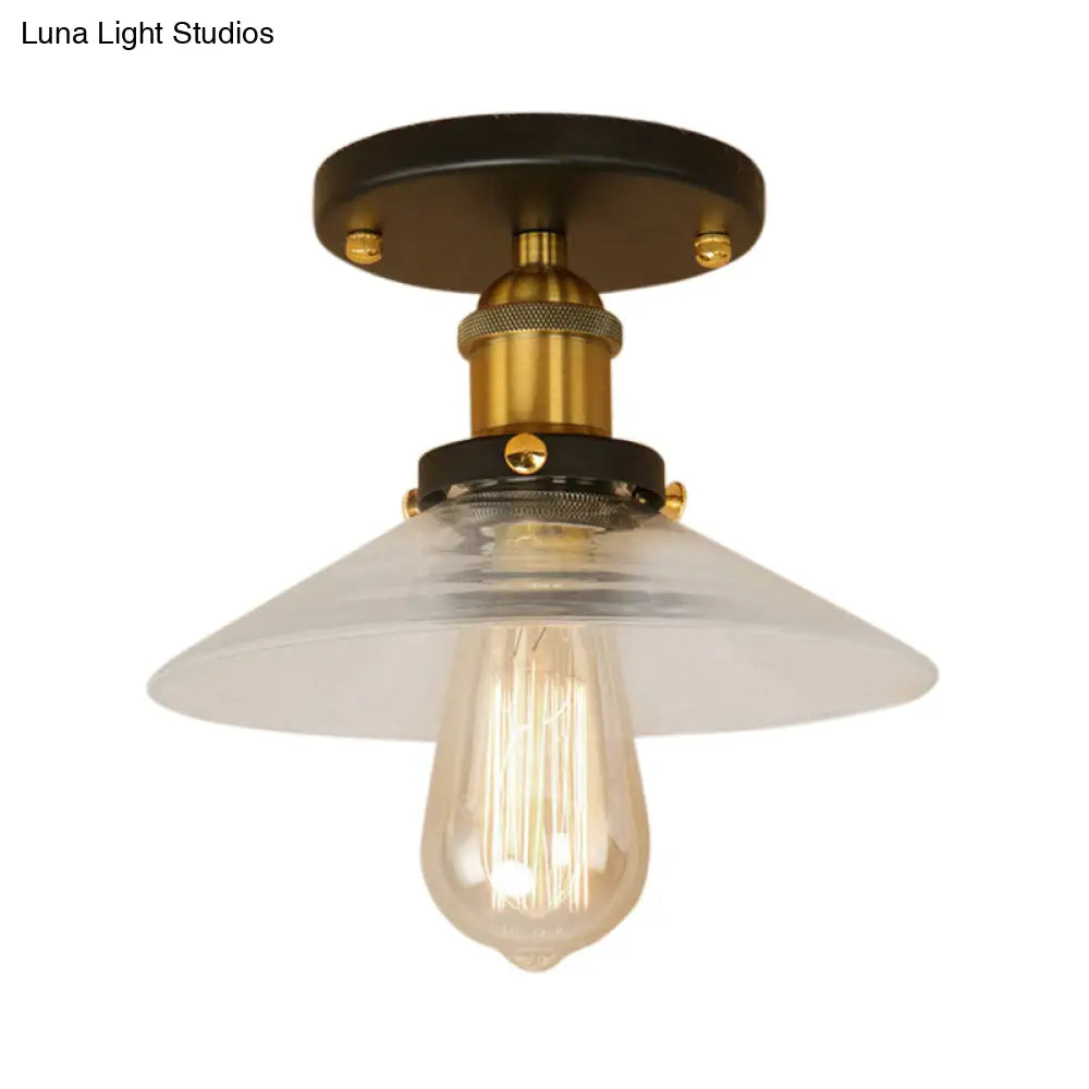 Frosted Glass Saucer Semi Flush Vintage Kitchen Lighting Fixture - 1 Bulb In Black/Brass/Copper
