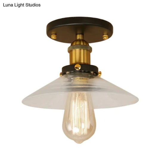 Frosted Glass Saucer Semi Flush Vintage Kitchen Lighting Fixture - 1 Bulb In Black/Brass/Copper