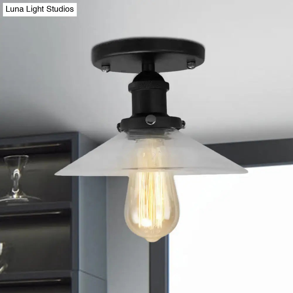 Frosted Glass Saucer Semi Flush Vintage Kitchen Lighting Fixture - 1 Bulb In Black/Brass/Copper
