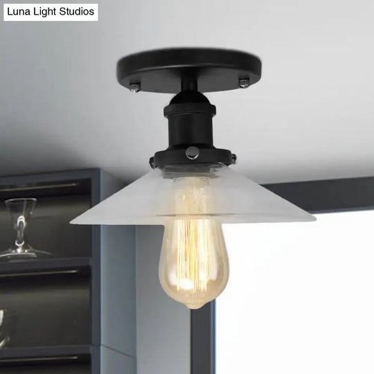 Frosted Glass Saucer Semi Flush Vintage Kitchen Lighting Fixture - 1 Bulb In Black/Brass/Copper