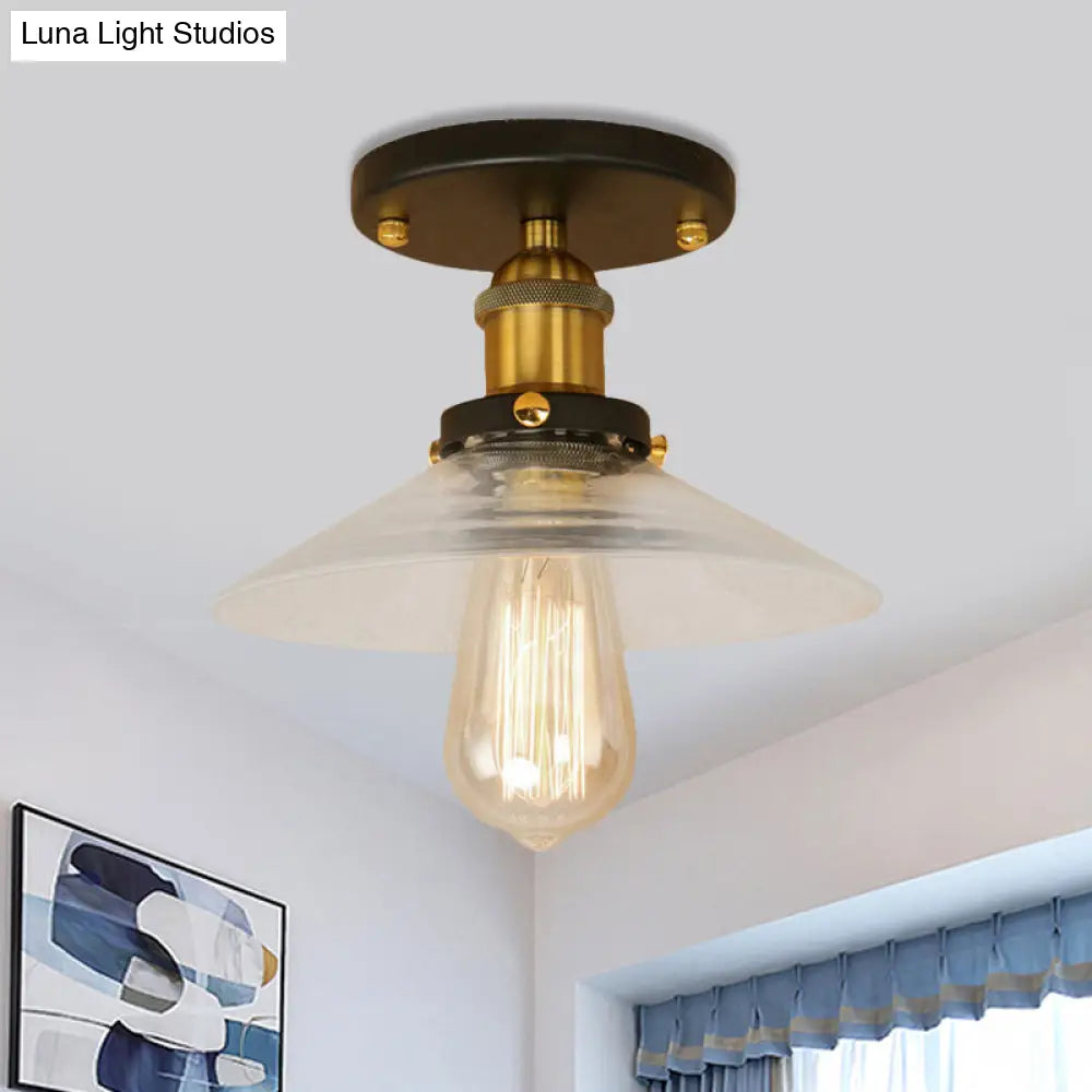 Frosted Glass Saucer Semi Flush Vintage Kitchen Lighting Fixture - 1 Bulb In Black/Brass/Copper