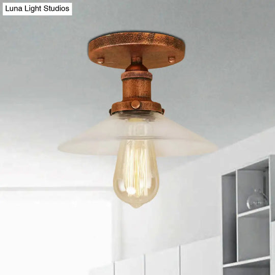 Frosted Glass Saucer Semi Flush Vintage Kitchen Lighting Fixture - 1 Bulb In Black/Brass/Copper