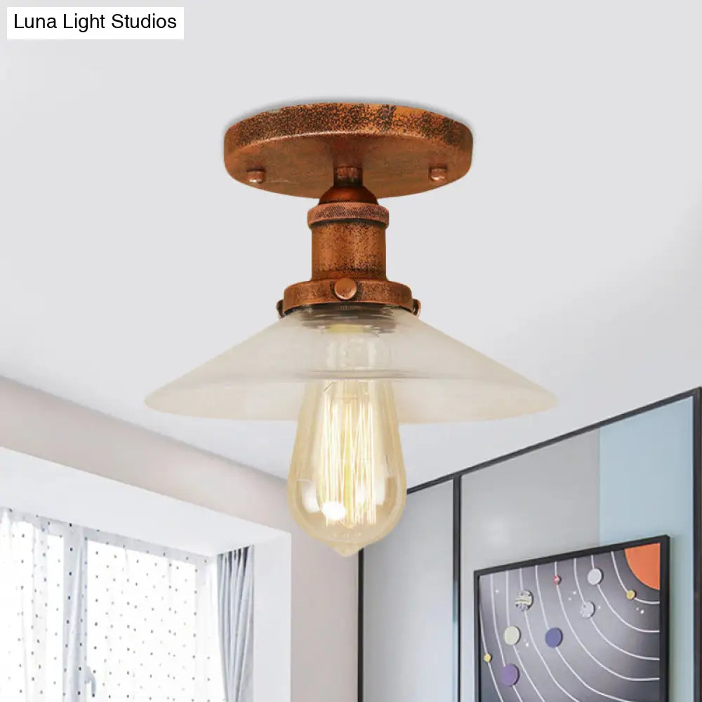 Frosted Glass Saucer Semi Flush Vintage Kitchen Lighting Fixture - 1 Bulb In Black/Brass/Copper Rust