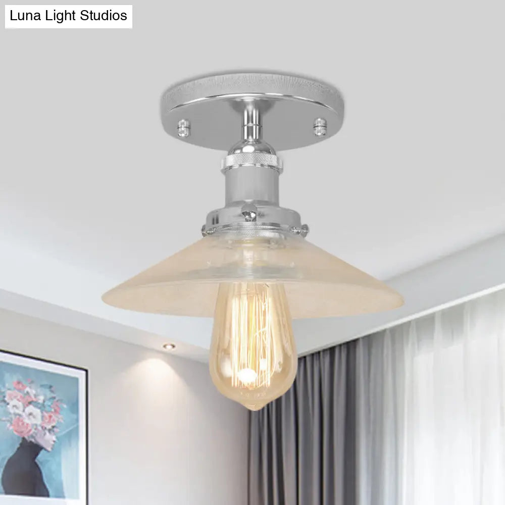 Frosted Glass Saucer Semi Flush Vintage Kitchen Lighting Fixture - 1 Bulb In Black/Brass/Copper