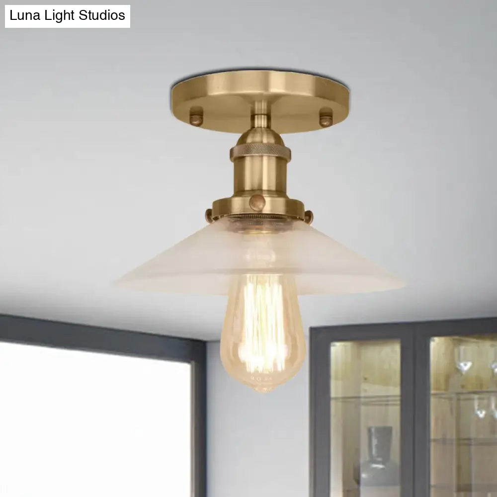 Frosted Glass Saucer Semi Flush Vintage Kitchen Lighting Fixture - 1 Bulb In Black/Brass/Copper