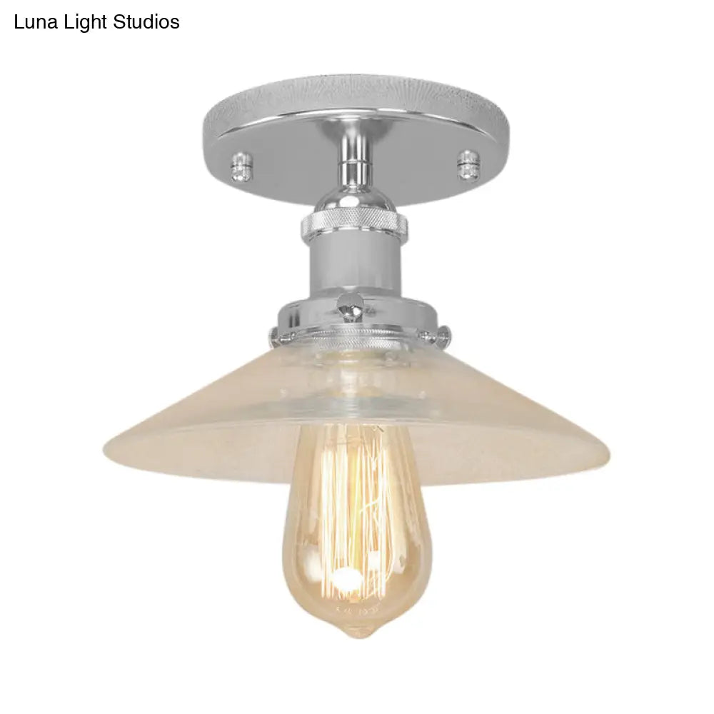 Frosted Glass Saucer Semi Flush Vintage Kitchen Lighting Fixture - 1 Bulb In Black/Brass/Copper
