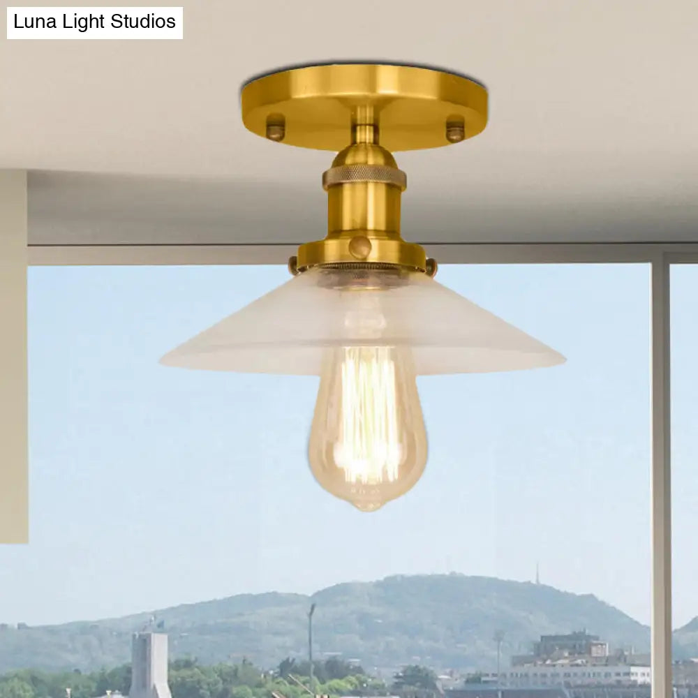 Frosted Glass Saucer Semi Flush Vintage Kitchen Lighting Fixture - 1 Bulb In Black/Brass/Copper