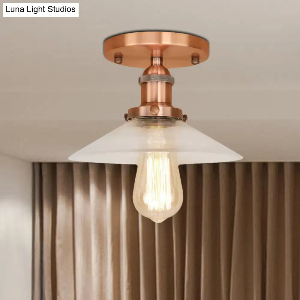 Frosted Glass Saucer Semi Flush Vintage Kitchen Lighting Fixture - 1 Bulb In Black/Brass/Copper