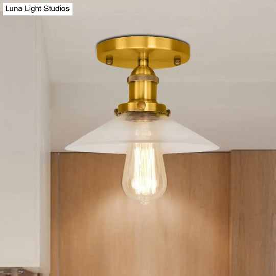 Frosted Glass Saucer Semi Flush Vintage Kitchen Lighting Fixture - 1 Bulb In Black/Brass/Copper