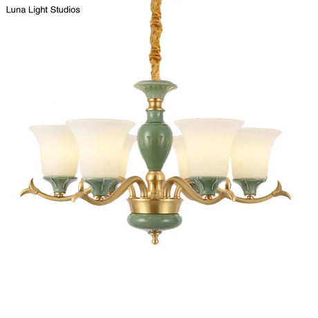 Frosted Glass Suspension Lighting - 3/6 Bulbs Countryside Green Chandelier For Guest Room