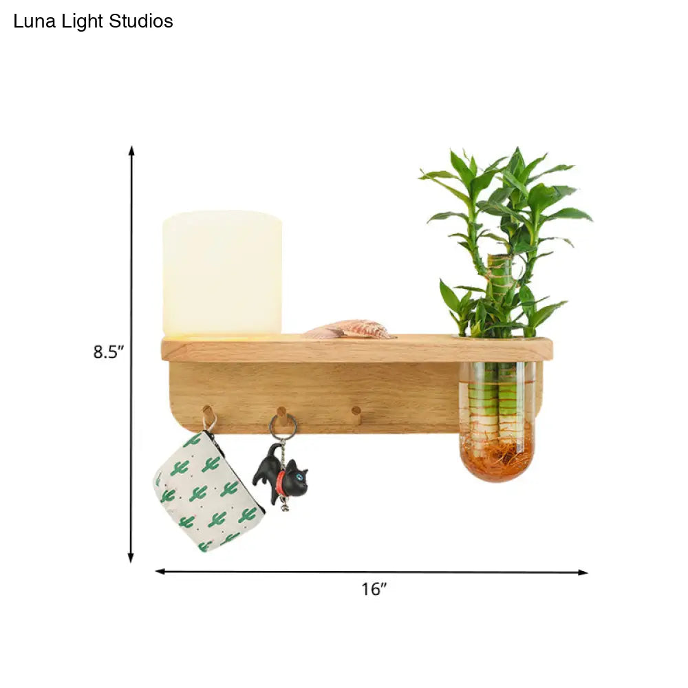 Frosted Glass Wood Wall Light With Plant Container: Industrial Sconce Lamp
