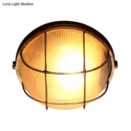 Frosted Ribbed Glass Flush Mount Ceiling Light In Rustic Bronze With Metal Cage - 1 - Light Porch