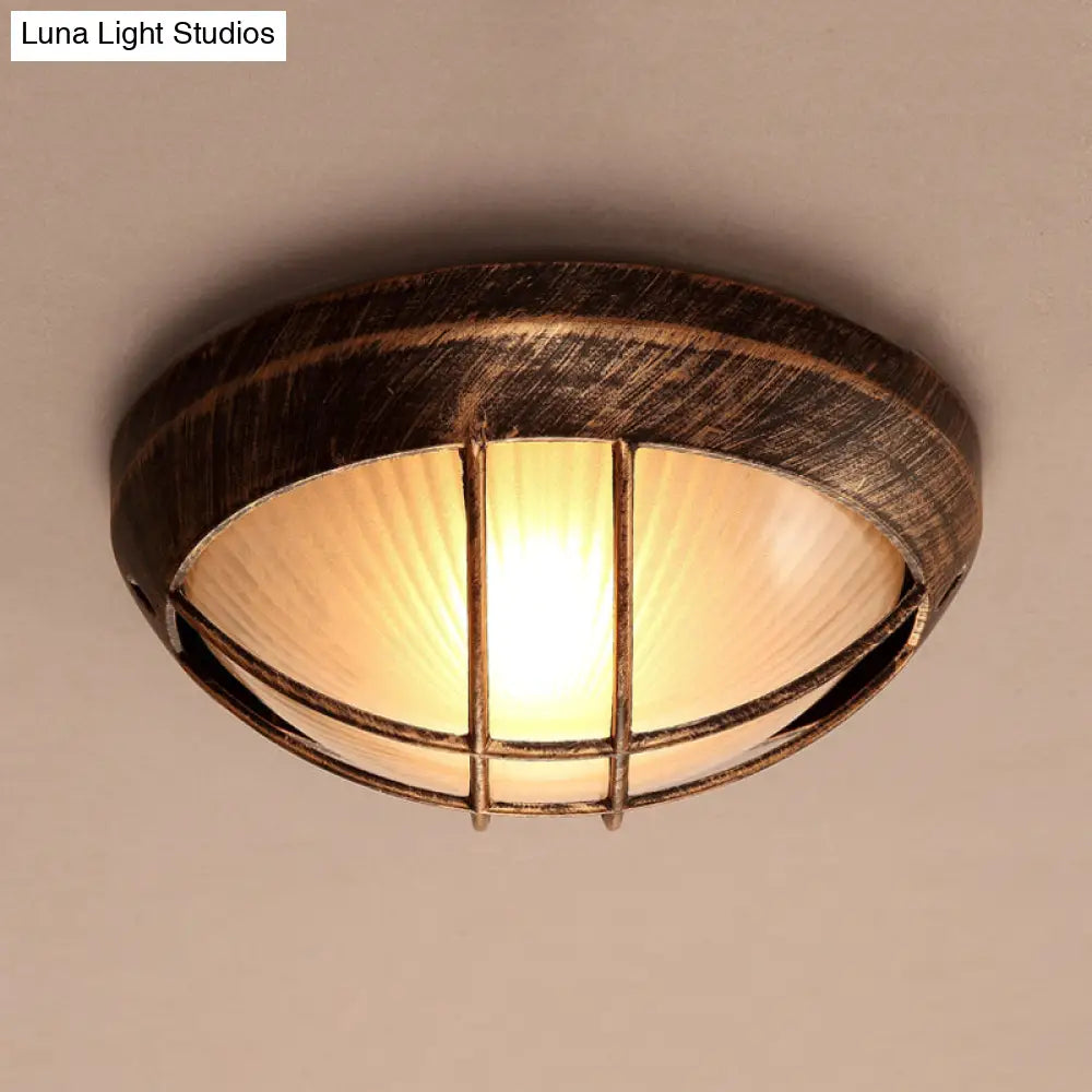 Frosted Ribbed Glass Flush Mount Ceiling Light In Rustic Bronze With Metal Cage - 1 - Light Porch
