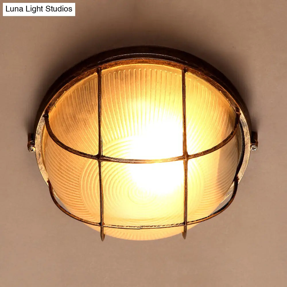 Frosted Ribbed Glass Flush Mount Ceiling Light In Rustic Bronze With Metal Cage - 1-Light Porch