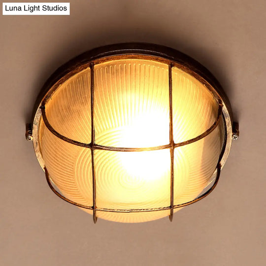 Frosted Ribbed Glass Flush Mount Ceiling Light In Rustic Bronze With Metal Cage - 1 - Light Porch