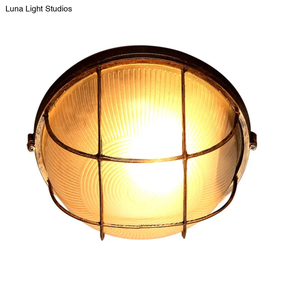 Frosted Ribbed Glass Flush Mount Ceiling Light In Rustic Bronze With Metal Cage - 1 - Light Porch