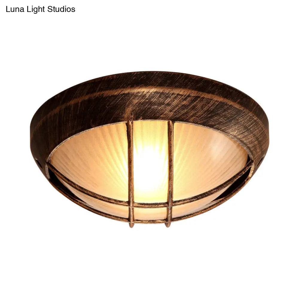 Frosted Ribbed Glass Flush Mount Ceiling Light In Rustic Bronze With Metal Cage - 1 - Light Porch