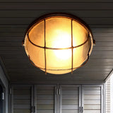 Frosted Ribbed Glass Flush Mount Ceiling Light In Rustic Bronze With Metal Cage - 1 - Light Porch