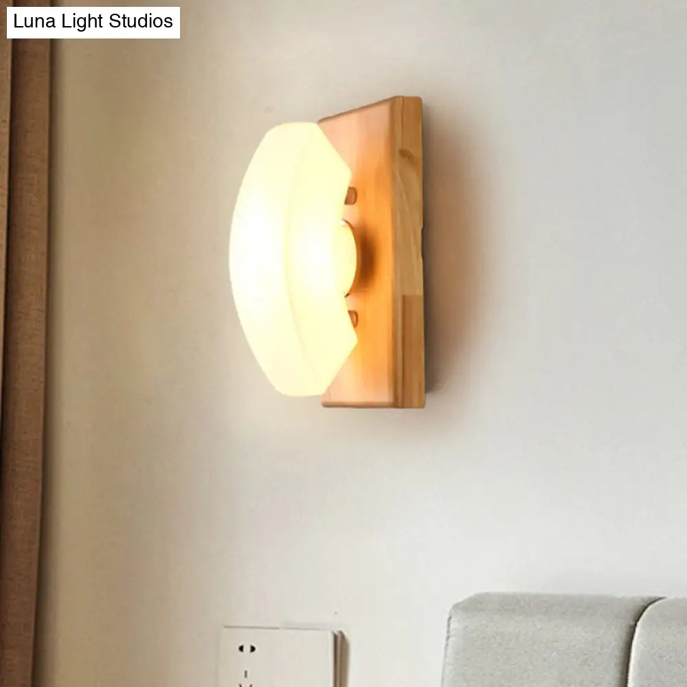 Frosted White Glass Arch Sconce - Nordic Single-Blue Wall Light With Wood Backplate