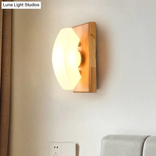 Frosted White Glass Arch Sconce - Nordic Single-Blue Wall Light With Wood Backplate