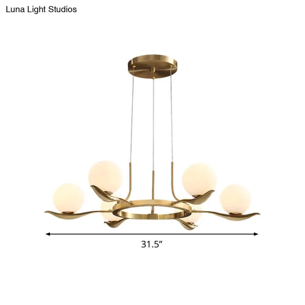 Frosted White Glass Ball Chandelier - Modern 6-Head Brass Pendant Light