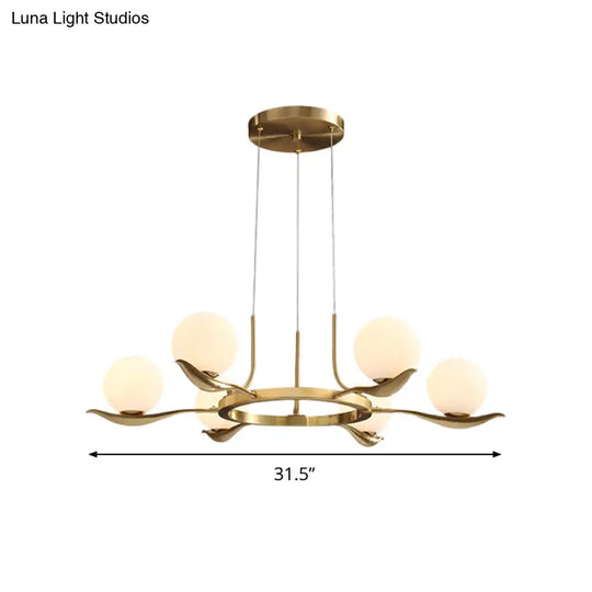 Frosted White Glass Ball Chandelier - Modern 6-Head Brass Pendant Light