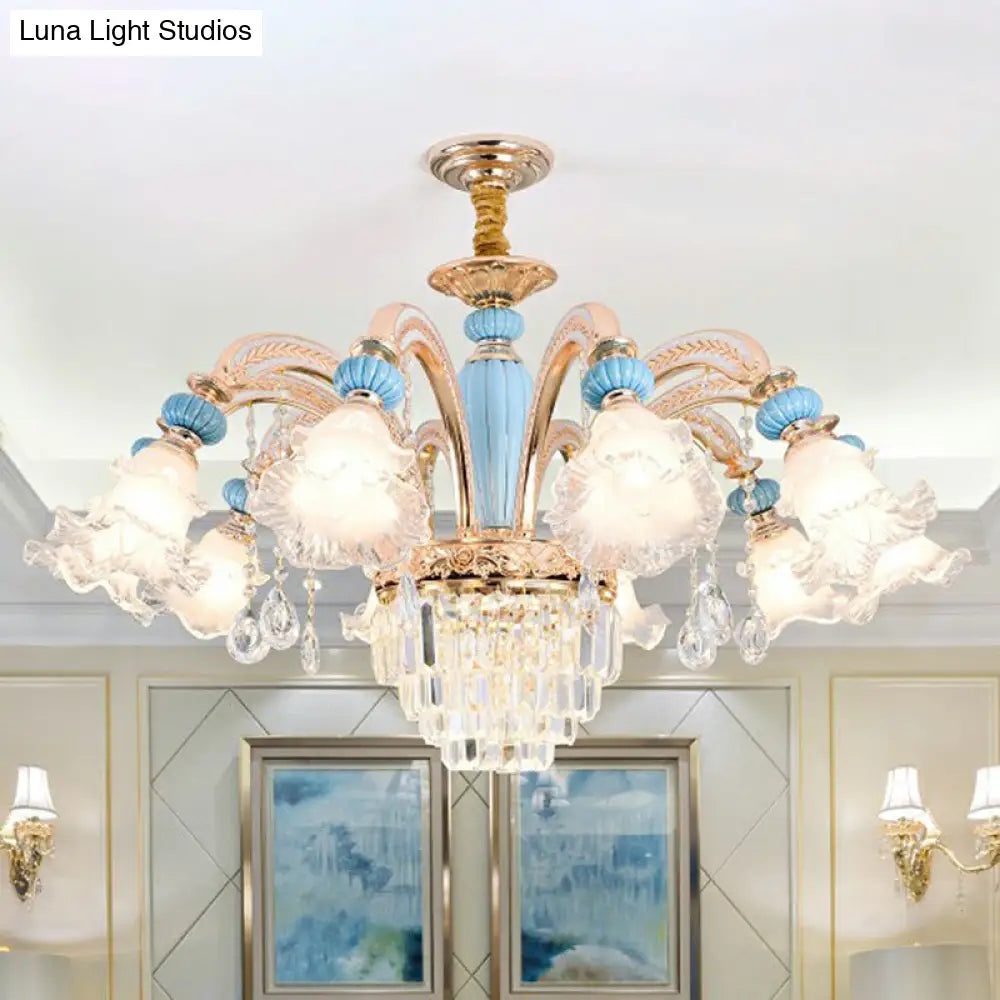 Frosted White Glass Chandelier: Antique Floral Ceiling Light For Bedroom In Blue