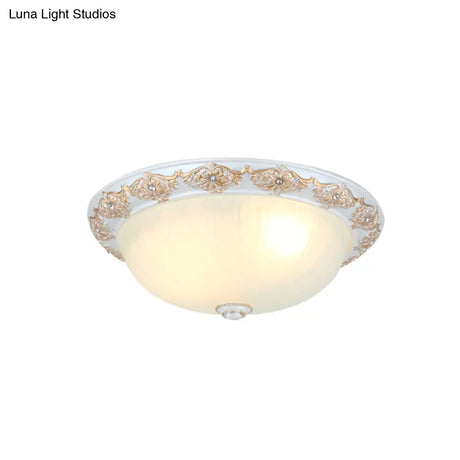 Frosted White Glass Dome 3 - Light Bedroom Flush Mount With Carved Edge