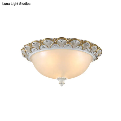 Frosted White Glass Dome 3 - Light Bedroom Flush Mount With Carved Edge