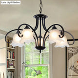 Frosted White Glass Floral Chandelier - Country Style Bedroom Ceiling Suspension Lamp (Black)