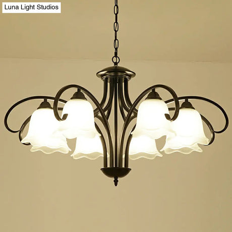 Frosted White Glass Floral Chandelier - Country Style Bedroom Ceiling Suspension Lamp (Black)