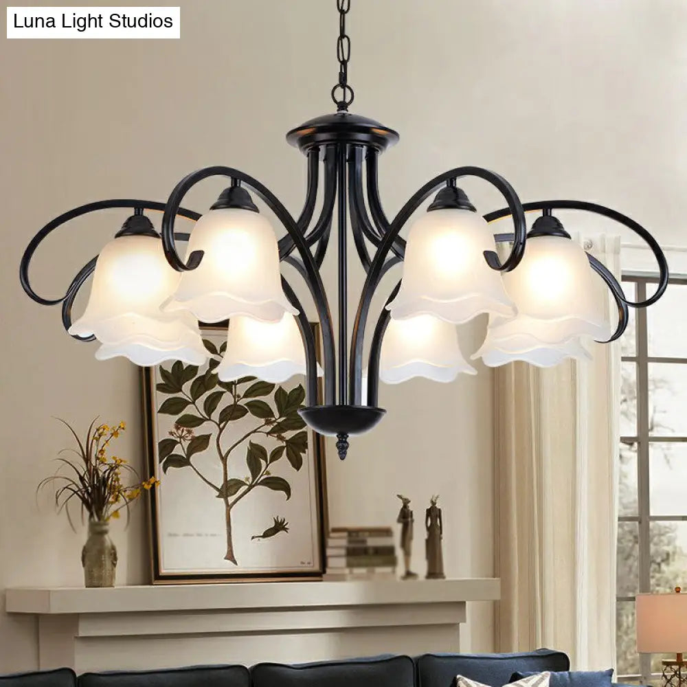 Frosted White Glass Floral Chandelier - Country Style Bedroom Ceiling Suspension Lamp (Black)