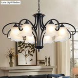Frosted White Glass Floral Chandelier - Country Style Bedroom Ceiling Suspension Lamp (Black)