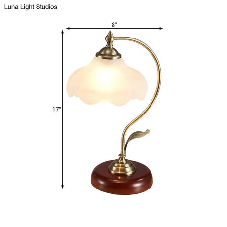 Frosted White Glass Floral Night Lamp - Traditional Table Light For Living Room With Bowed Arm