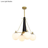 Frosted White Glass Pendant Chandelier - Modernist Sphere Design 4 Heads Brass And Black Finish