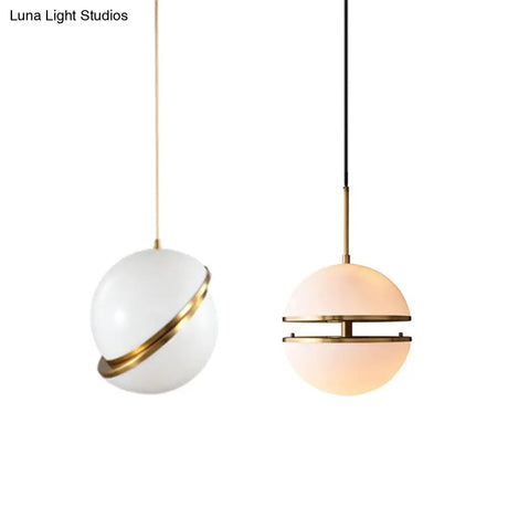 Frosted White Glass Sliced Sphere Hanging Lamp In Brass - Available 3 Sizes